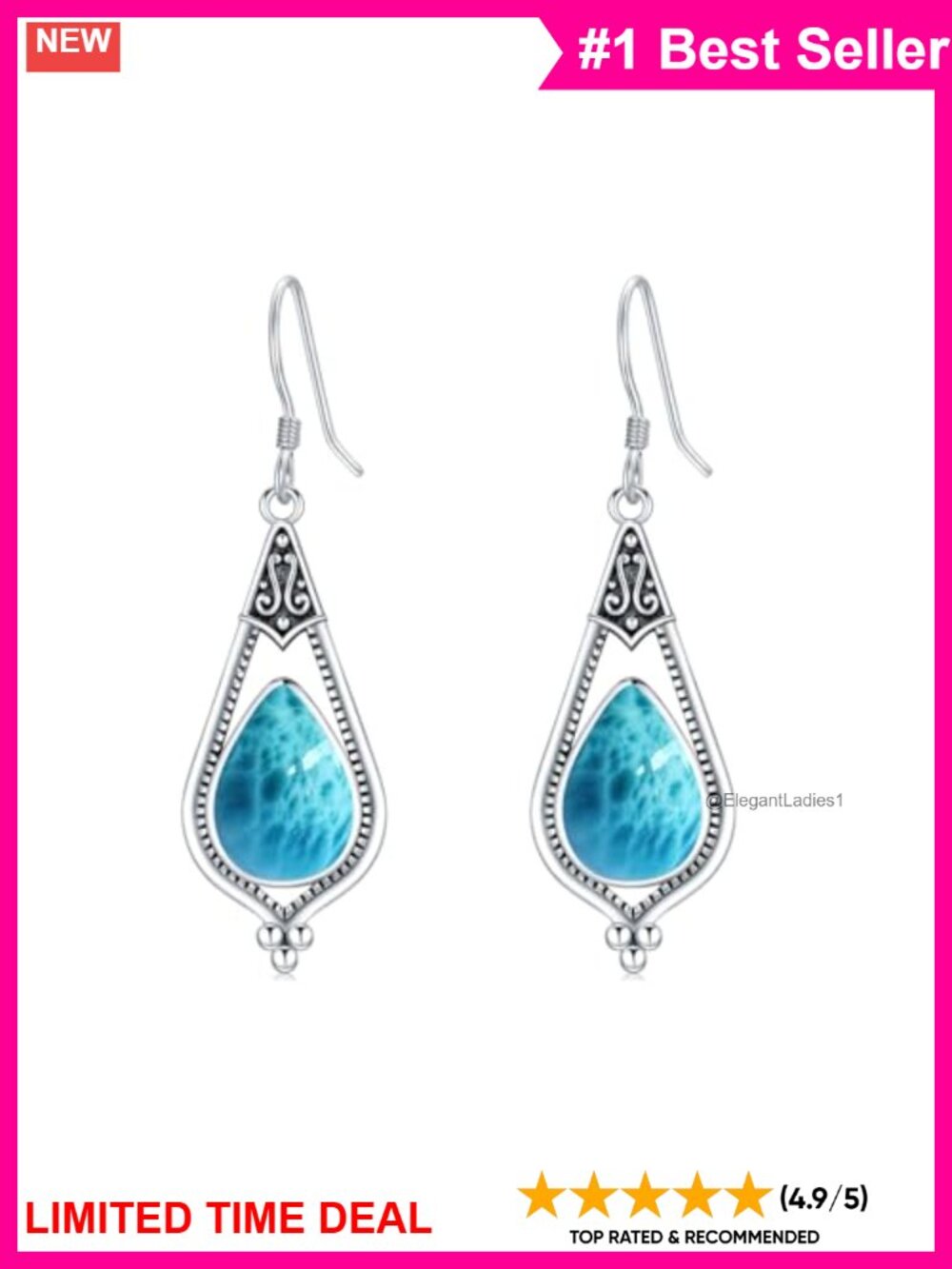 Sterling Silver Dangle Earrings with Larimar Gemstone French Wire